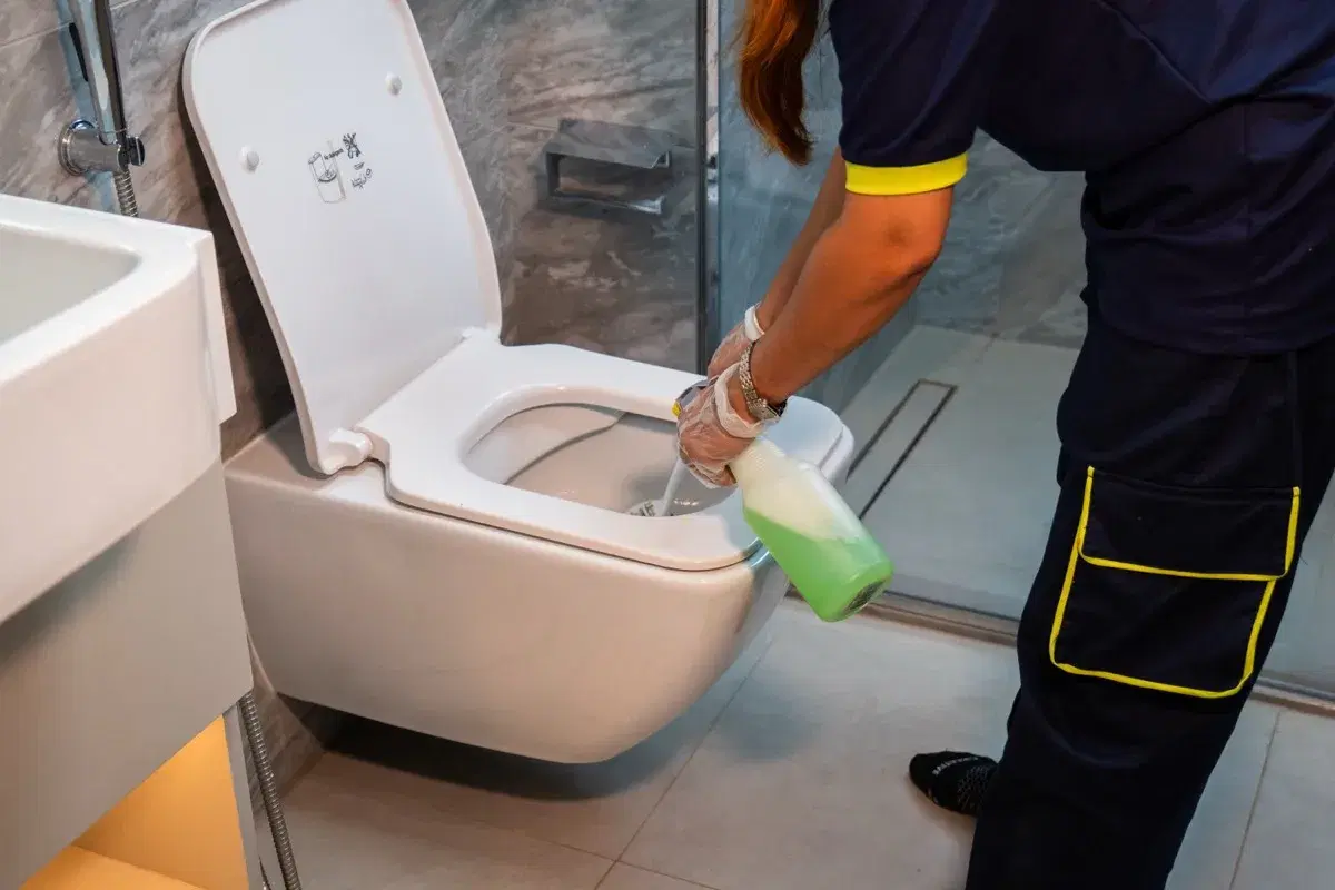 Sanitising the toilet and shower area