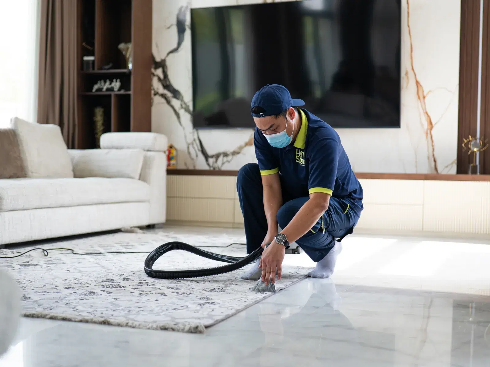 HomeShine commercial cleaning technician at work in a Dubai property